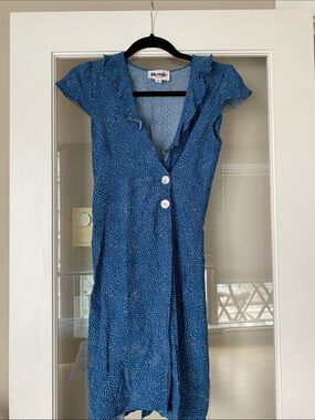 Rouje Blue Microdot Ruffle V-Neck Mini Dress